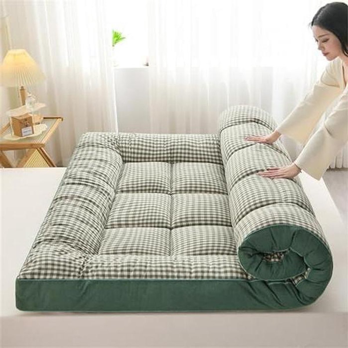 Japanse Vloermatras - Futonmatras Opvouwbaar - Ruimtebesparend Slapen - 6cm Dikke Vulling - 10cm Dikte - Plaid Groen