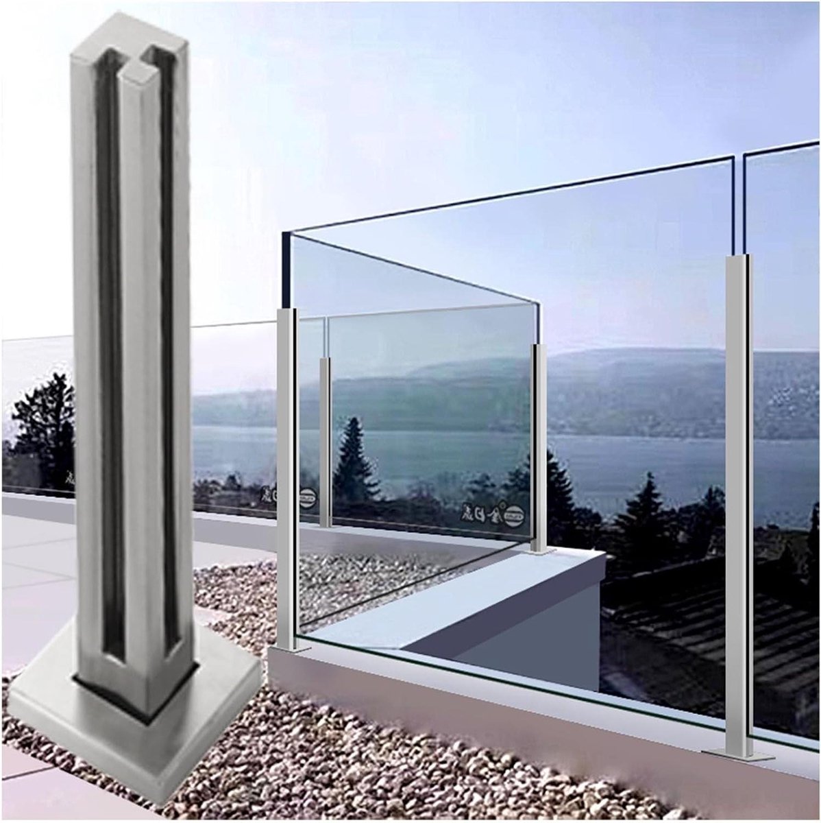 Glazen Balustrade Paal - Glazen Omheining Paal - Terras Beveiligen - Roestvrij Staal 304 - 130 cm hoog - Grijs