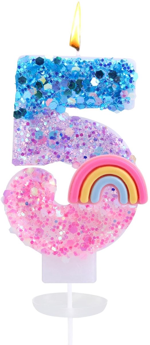 Dailygoods- Cijferkaarsen Regenboog - Nummer 5 Kaarsen - Taarttoppers - Cupcake Decoraties - Themafeest - 7 x 4,3 cm - Verjaardagskaars