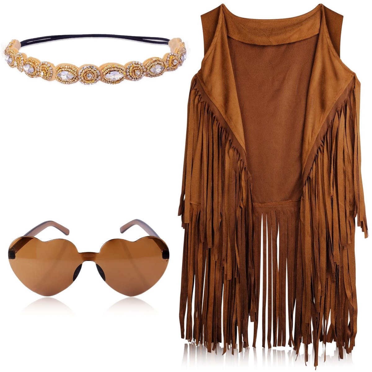 Dailygoods- Hippie Kostuum Set - Boho Outfit met Franje Vest - Hoofdband - Hart Zonnebril - Oorbellen met Luipaardpatroon - Duurzaam en Herbruikbaar