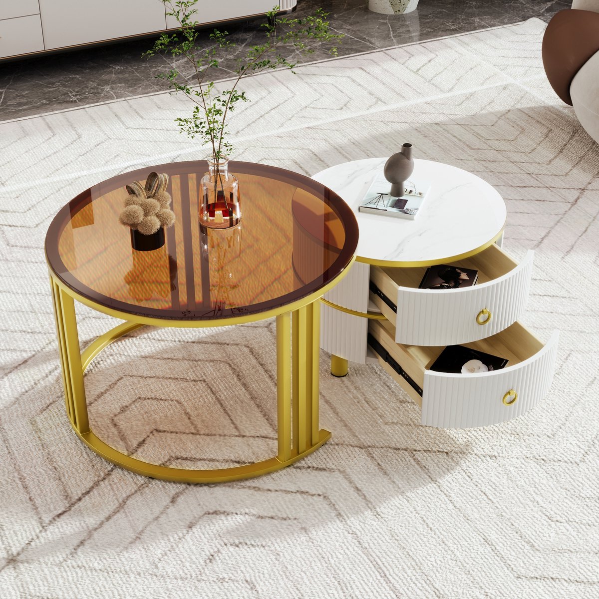 DESMIU Ronde Salontafel Set Met Hoogglans Blad En Opberglades Voor Woonkamer En Kleine Ruimtes Van Glas En MDF In Wit Goud 70x70x45 En 50x50x40 Cm