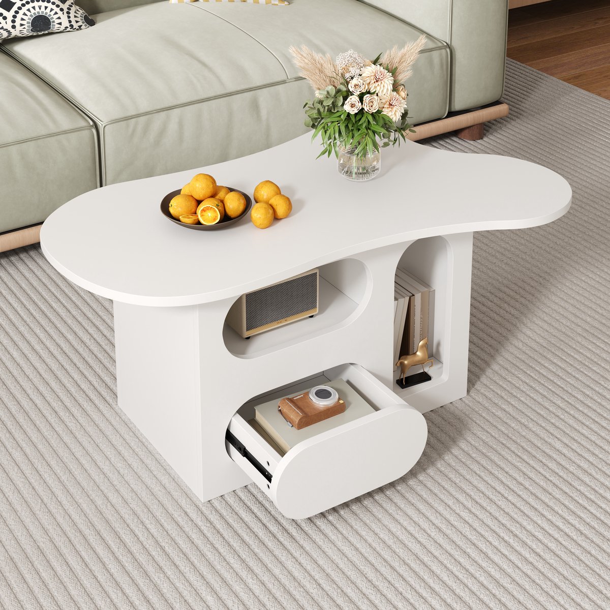 DESMIU Salontafel - Wolkvormig Ontwerp Met Laden En Open Vak - Voor Woonkamer En Gezinsgebruik - Spaanplaat - Wit - 97 X 45 X 43,5 Cm