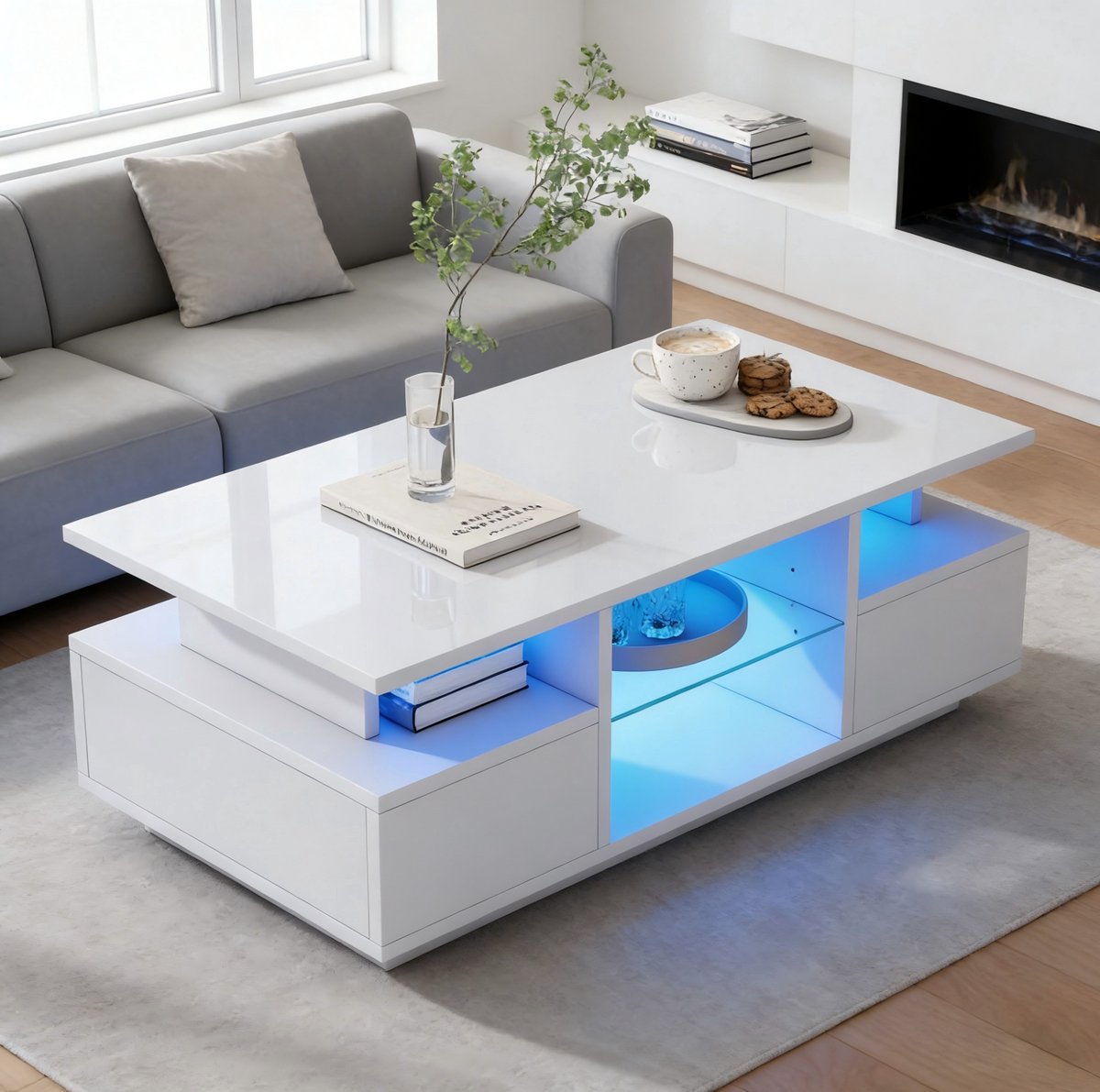 DESMIU Salontafel Met Verlichting En 2 Lades Voor Woonkamer En Hoek - Hoogglans Wit - Spaanplaat - 100 X 50 X 36 Cm