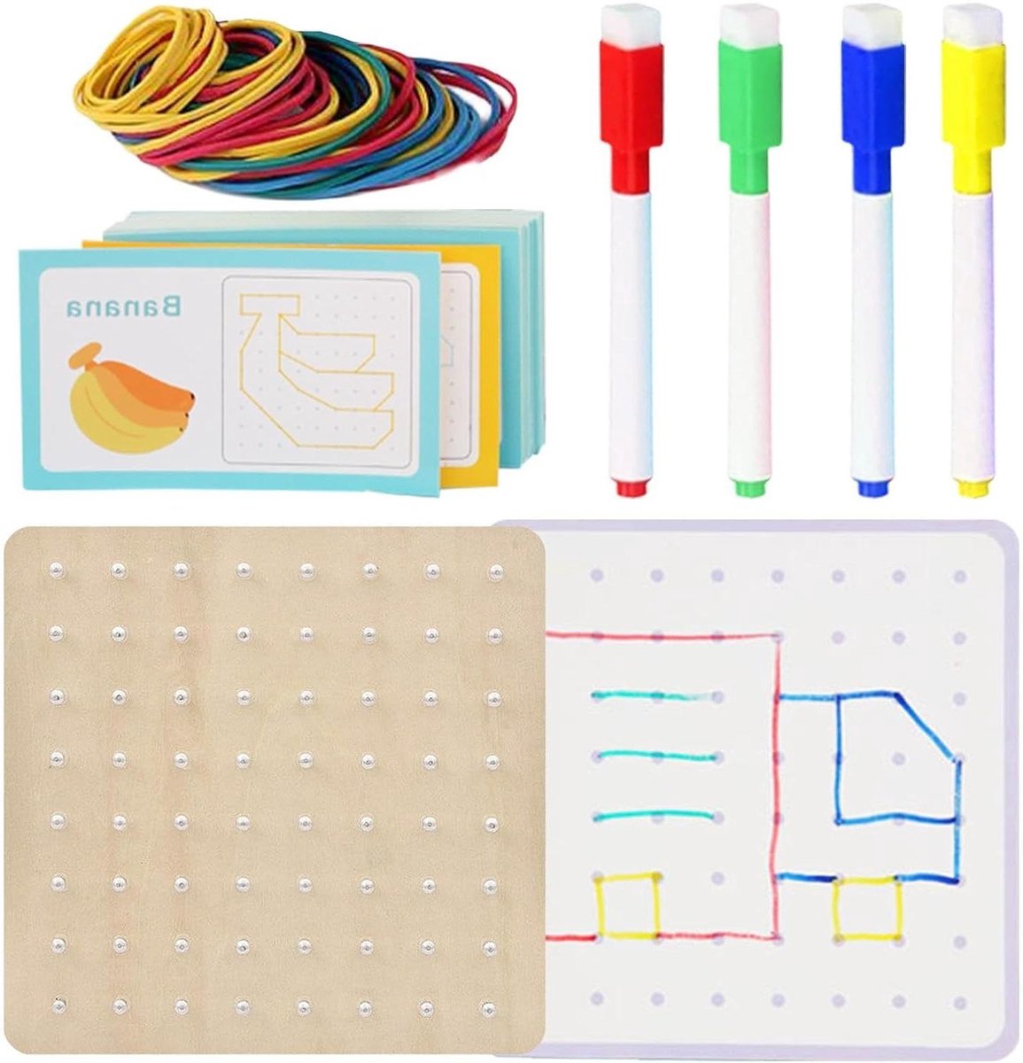 Geobordenset - Wiskunde spel - Educatief spelen - Houten pegboard - 18x18 cm - Houtkleur