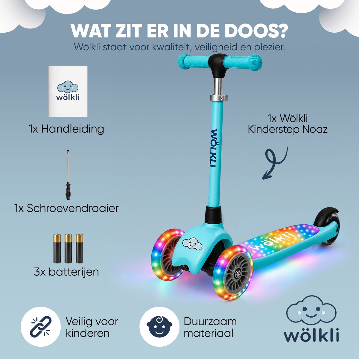 Wölkli Noaz Kinderstep - step 3 wielen - leeftijdsgroep 3+ - max 50kg - LED verlichting in de wielen - verlichting voetenplank - hoogte verstelbaar — afbeelding 2