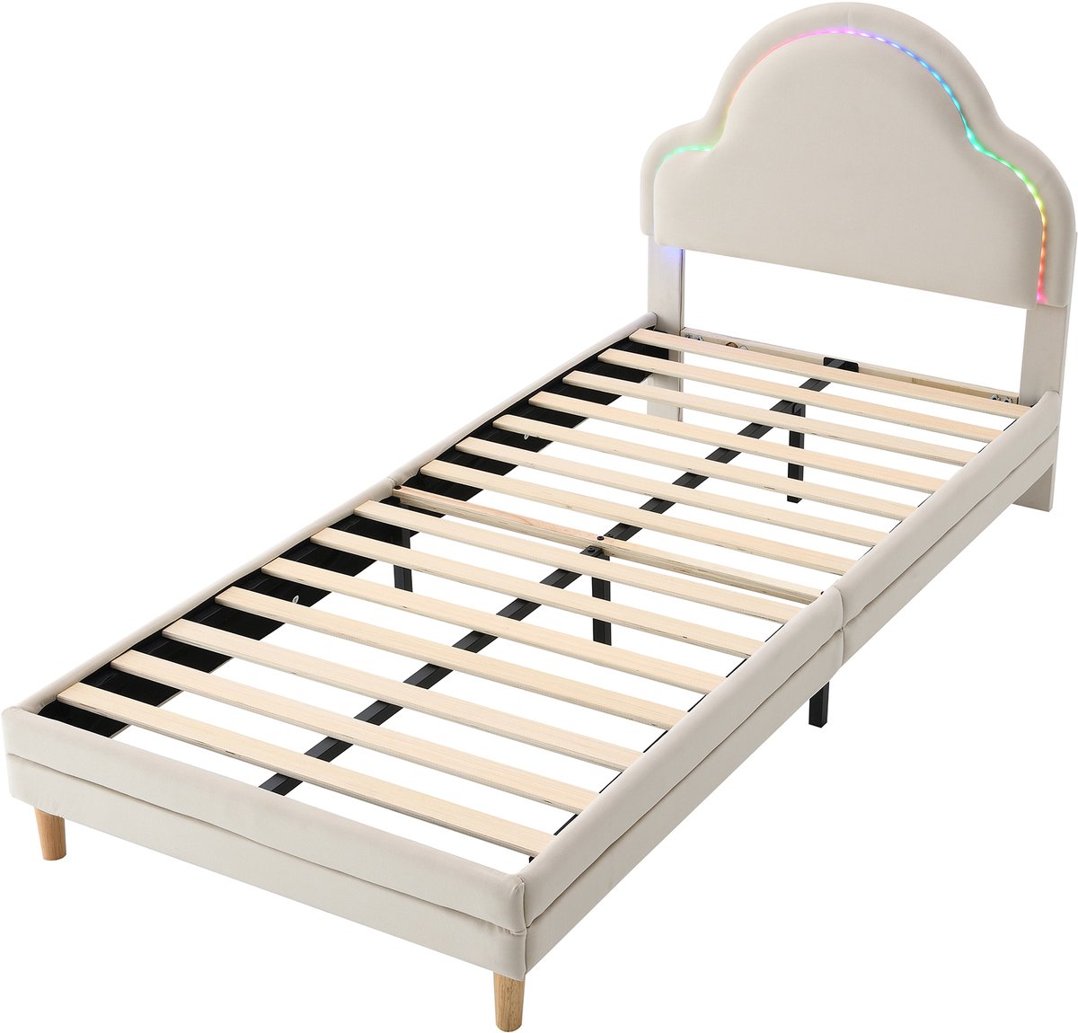 COVREO Bed 90x200 cm beige stof met LED-hoofdbord zonder matras