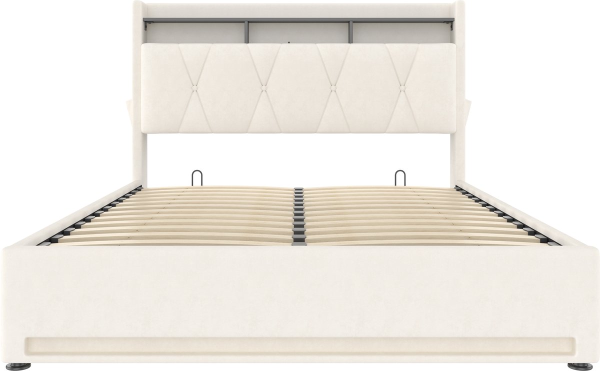 COVREO 160 x 200cm Gepolsterde bedframe met LED-verlichting, USB Type-C lader en onderbedopberging, Stauraum-hoofdbord, hydraulische Stauraum-bedframe, Beige