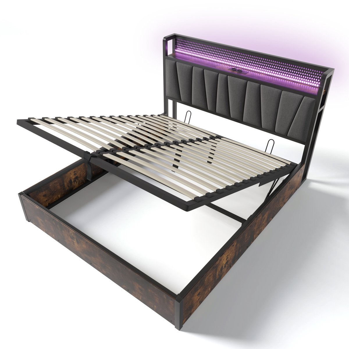 COVREO Bedframe 160x200 cm grijs met LED, USB en opbergruimte, zonder matras