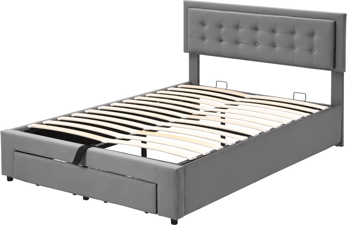 Bed met opbergvakken en lades, bekleed met fluweel, lattenbodem, tweepersoonsbed, grote opbergruimte, 140 x 200 cm, grijs.