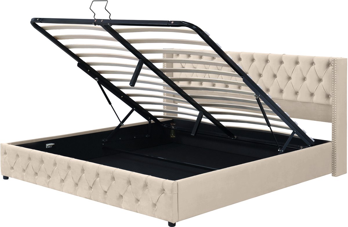 COVREO Bed 160x200 cm beige, opbergruimte, lattenbodem, zonder matras