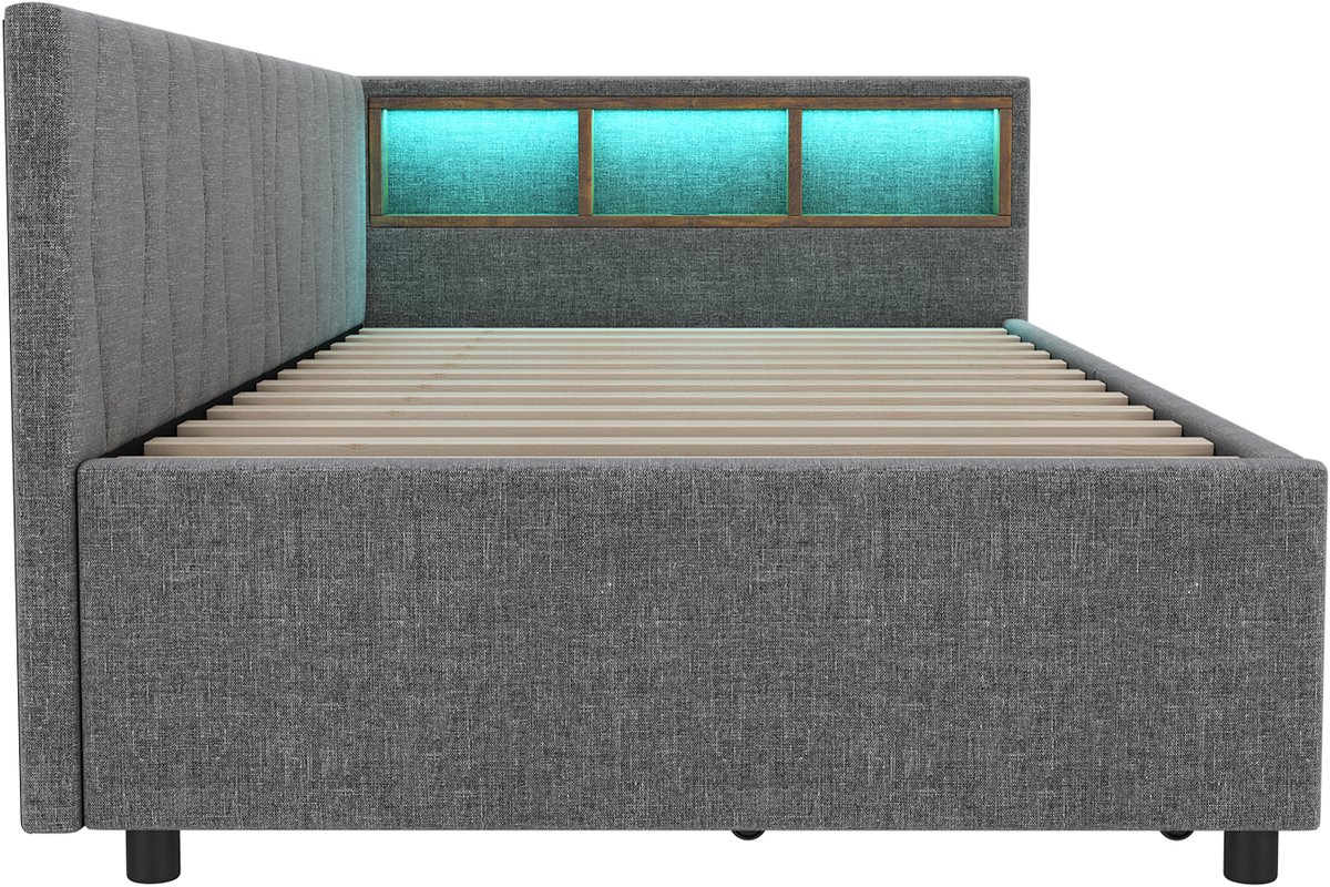 Dagbed, 90*200 cm, slaapbank, met opbergvakken aan de zijkant, USB- en Type-C-aansluiting, twee lades, lattenbodem (matras niet inbegrepen), linnen, grijs.
