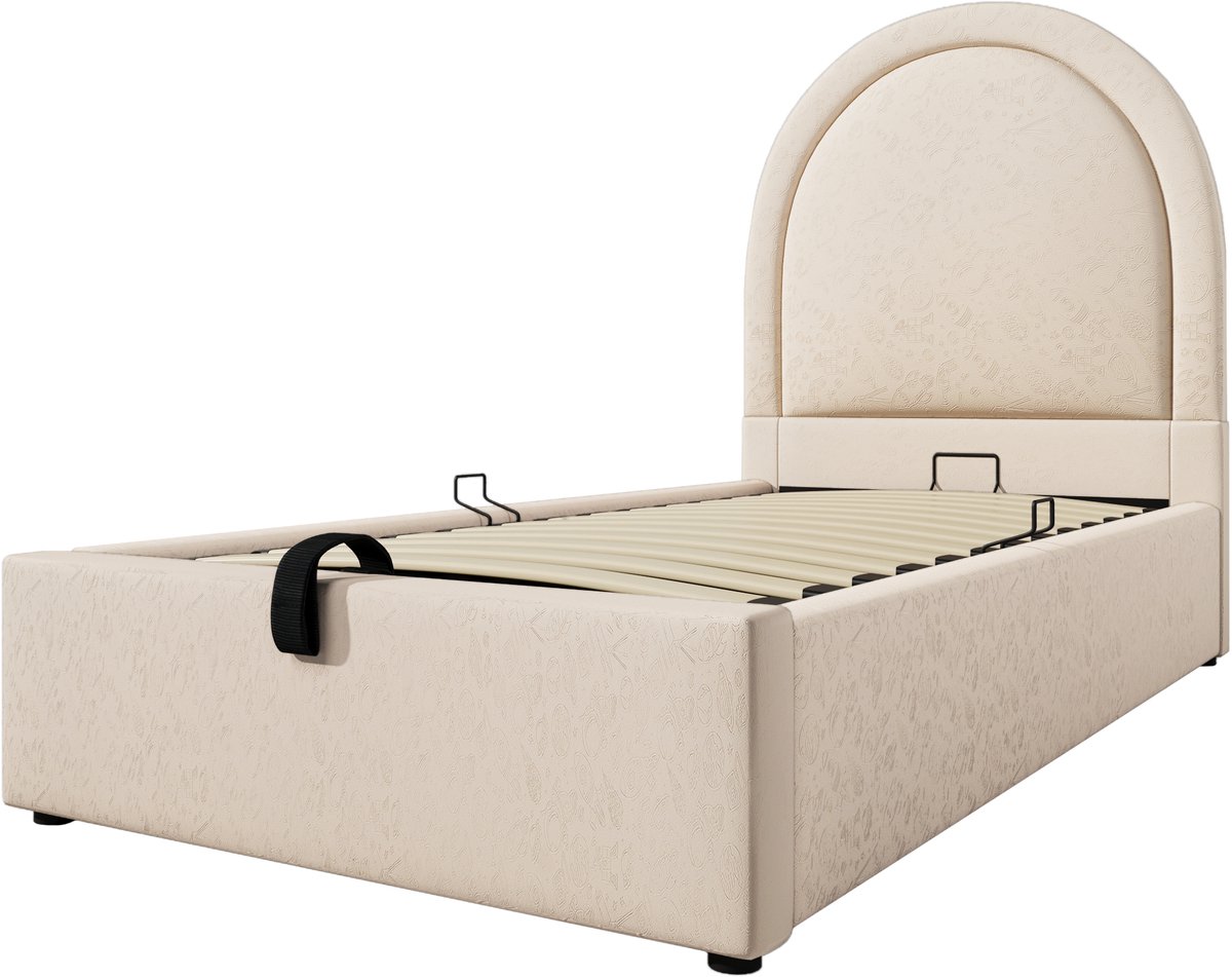 Gestoffeerd kinderbed, eenpersoonsbed, sterrenhemelpatroon, 90 x 200 cm, beige, PU-materiaal, geschikt voor jongens en meisjes (matras inbegrepen).