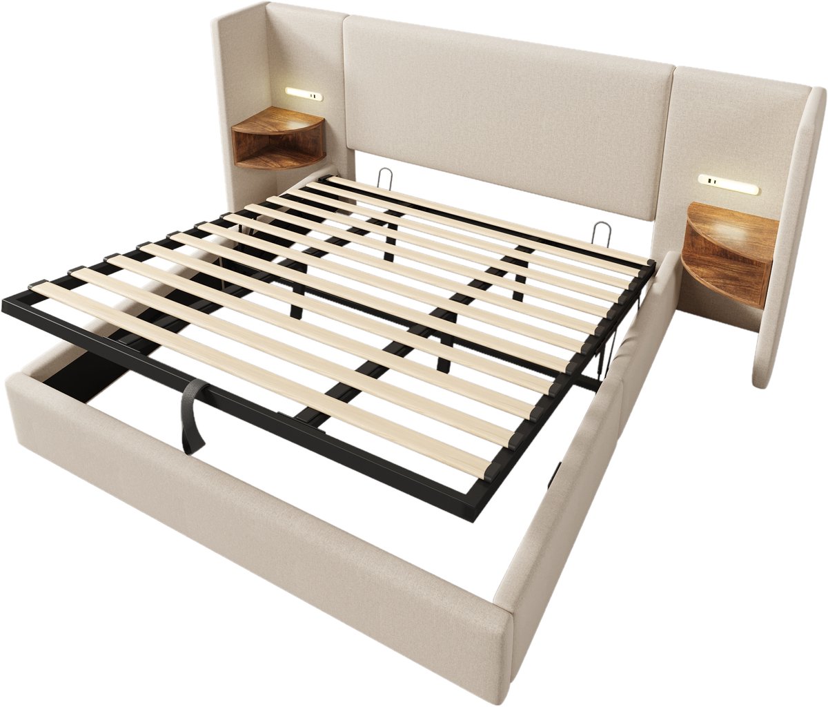 Gestoffeerd tweepersoonsbed van 180x200 mm met nachtkastje, leeslampje en USB Type-C-oplaadfunctie. Het bedframe heeft opbergruimte en het bedframe is gemaakt van massief hout en metaal in beige. Matras niet inbegrepen.