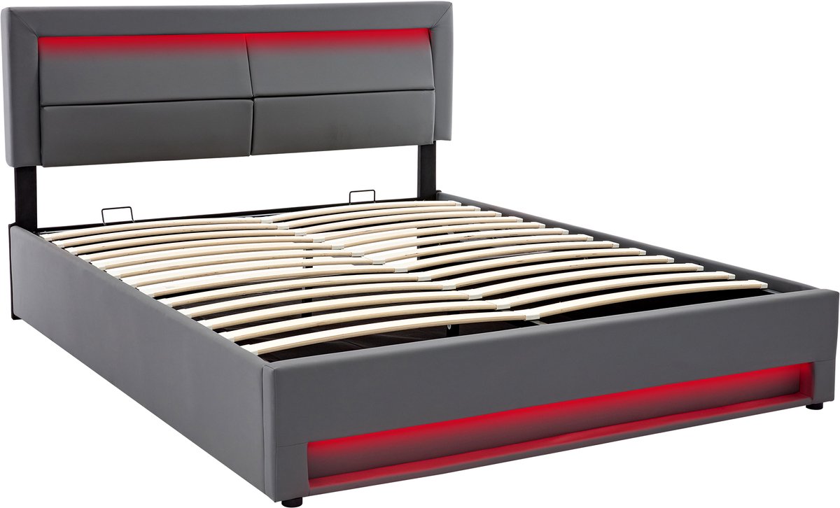 Gestoffeerd bed, 140 x 200 cm, met USB-poort (ondersteunt draadloos en bedraad opladen), ledverlichting en opbergruimte, matras niet inbegrepen, PU-structuurafwerking, grijs.