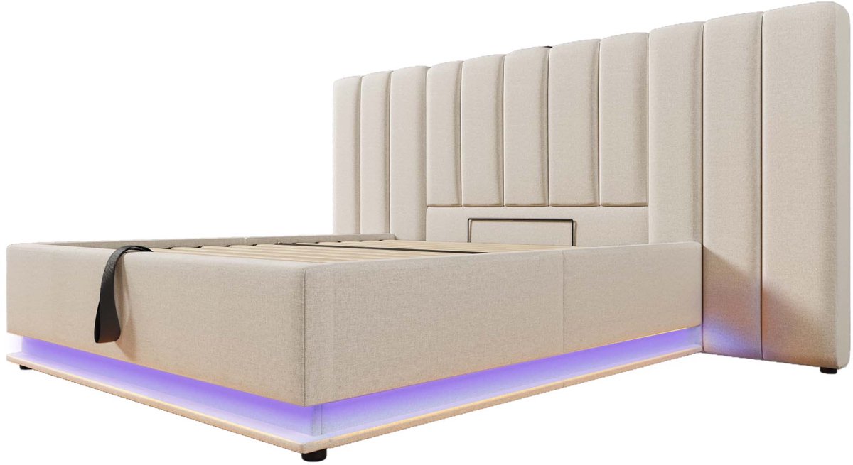 COVREO Gestoffeerd tweepersoonsbed van 160x200 cm met opbergruimte, app-gestuurde ledverlichting en USB-C-oplaadmogelijkheid. Het bedframe heeft een lattenbodem, linnen bekleding en een beige afwerking. Nachtkastje niet inbegrepen; matras wel inbegrepen.