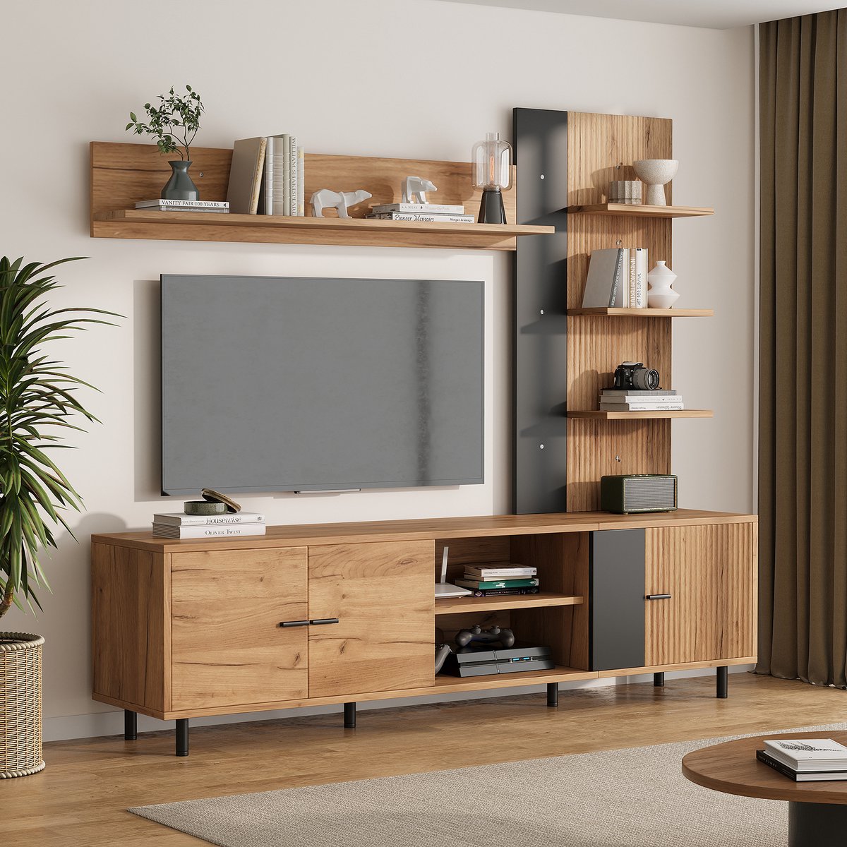 DESMIU Tv Meubelset - Met 3 Kasten En Open Planken - Ruimtebesparend Voor Woonkamer En Slaapkamer - Spaanplaat - 187,5x40x167 Cm - Zwart Houtkleur