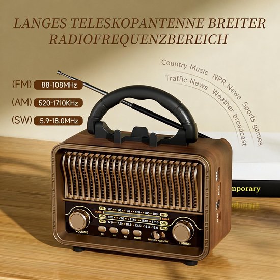Retro Radio met Bluetooth 5.4 - AM FM SW Wereldradio met Houten Look - Draagbare Bluetooth Speaker met USB TF Kaart Ondersteuning - Oplaadbare Vintage Radio voor Thuis en Buiten — afbeelding 5
