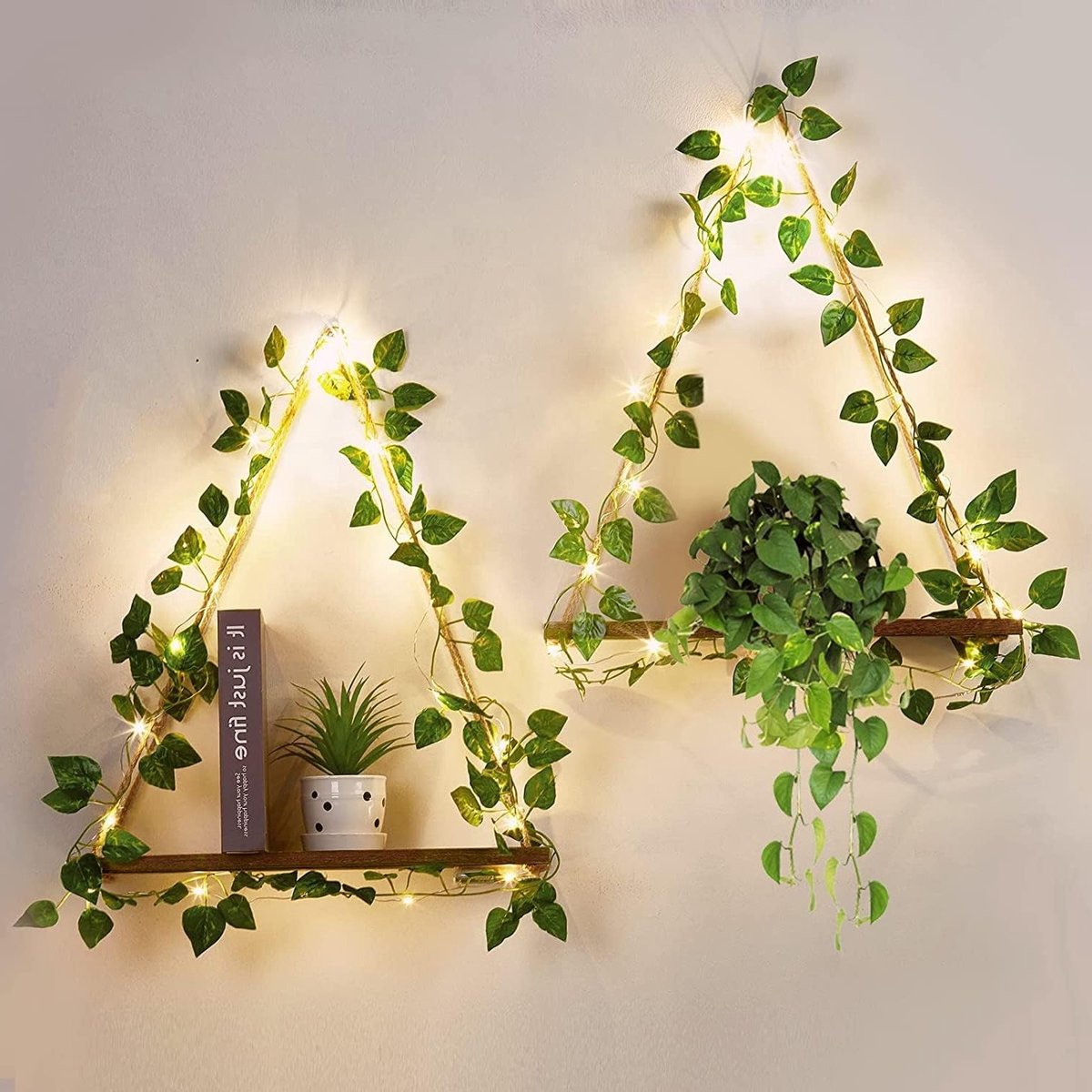 Set van 2 Macramé Wandplanken met Kunstplant, LED Strip en Bohemian Decoratie voor Woonkam