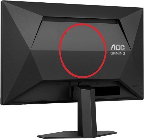 Zwarte monitor achterkant met HDMI, Display Port en koptelefoon uitgang. AOC Gaming logo.