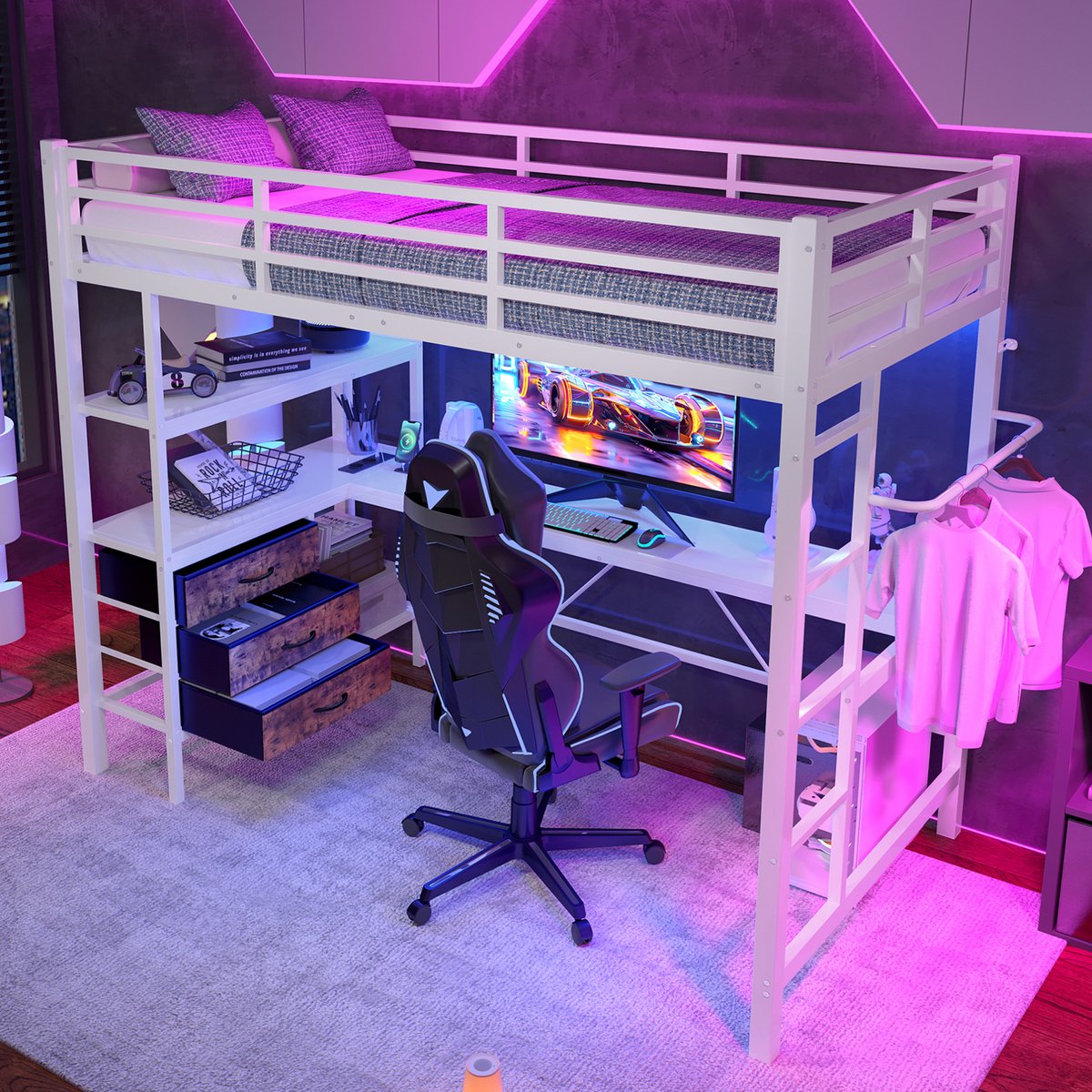 MEUNIQ Hoogslaper 90 x 200 cm met ledverlichting, bureau, 3 lades, trap en wit