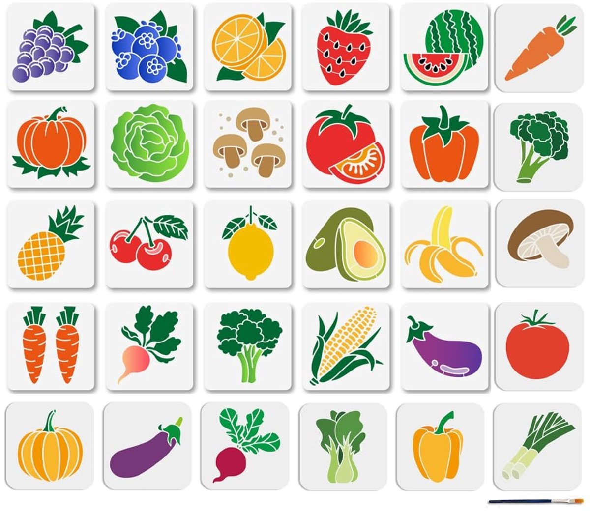 Dailygoods- Sjablonen 30 stuks - Fruit/groente sjablonen - Herbruikbare schildersjablonen - Kunststof - 15 x 15 cm - Inclusief penseel