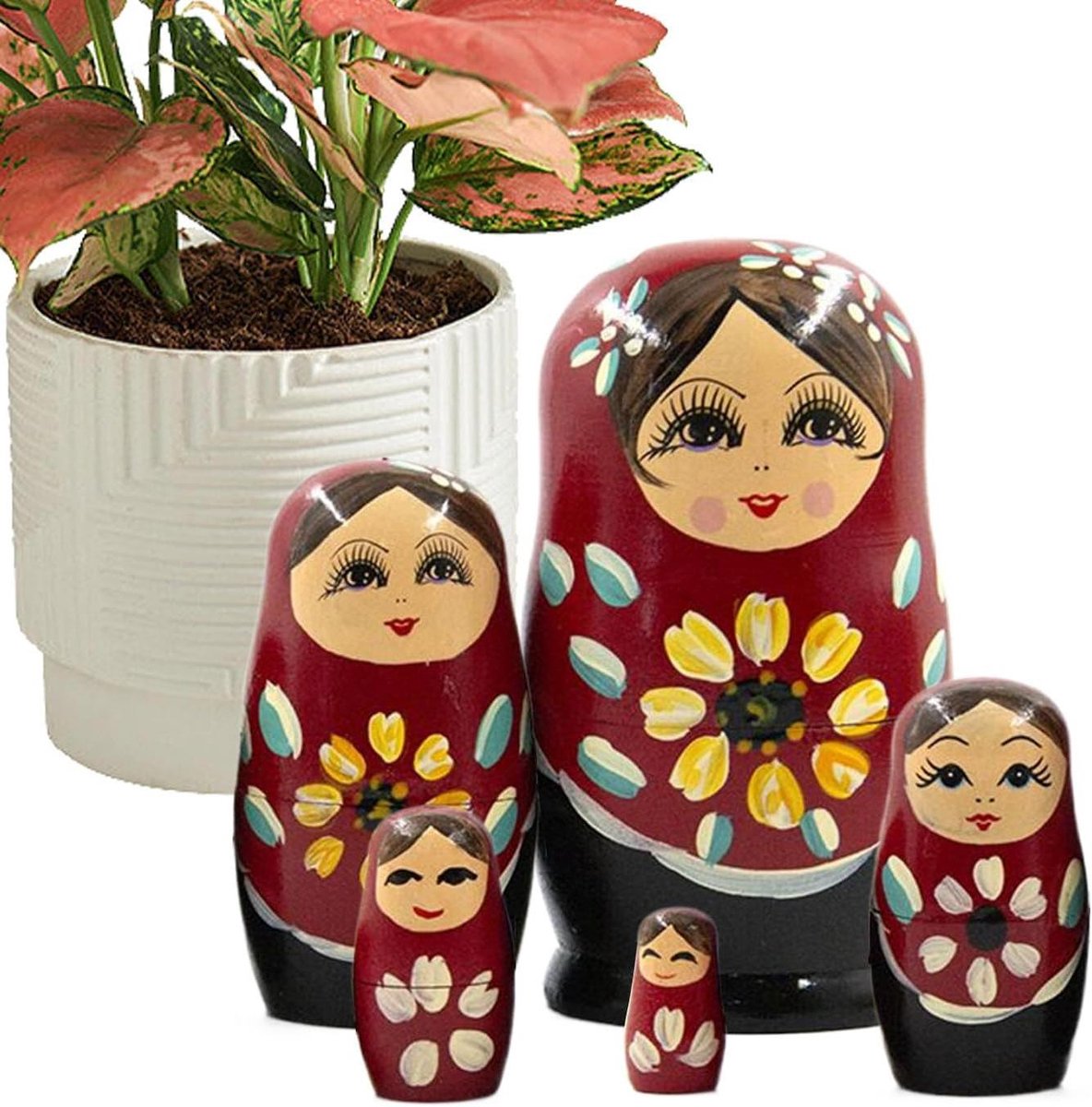 Matroesjka Poppen - Houten Poppetjes - Woondecoratie - Handbeschilderd Kunstwerk - 5 Delig - Multicolor