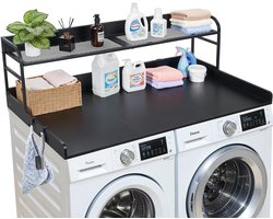 VEVOR Wasmachine Droger Countertop met Plank, 137 X 69,9 cm Houten Wasmachine en Droger Topper met Rand en 2 Haken, Wasmachine Topper voor Waskast Pantry Counter Organisatie en Opslag, Zwart