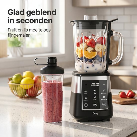 Zwarte en zilveren blender met een glazen kan vol fruit en ijs, naast een beker met rode smoothie.
