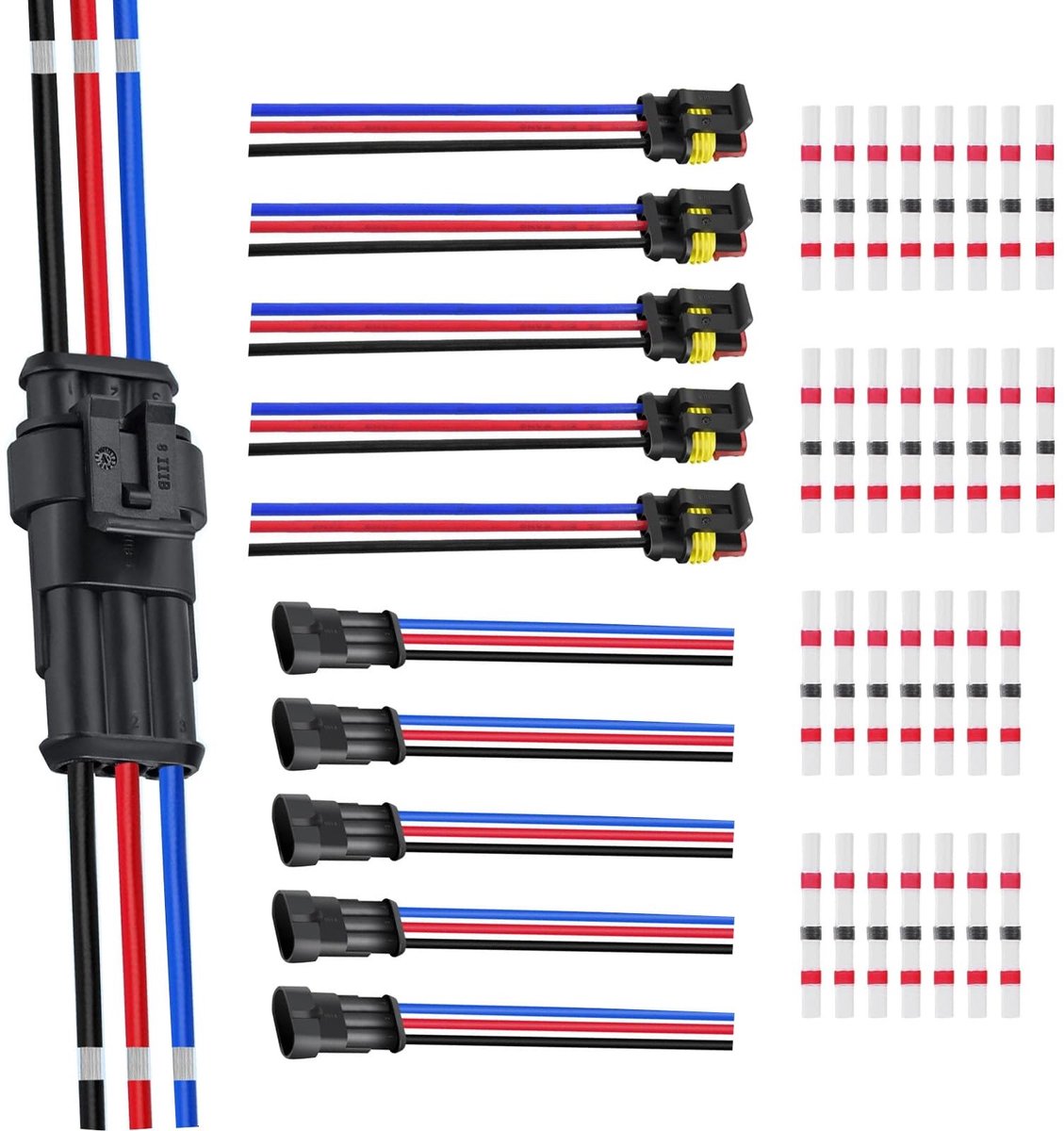 Dailygoods - 3-polige kabelconnectoren - waterdichte stekkers - eenvoudig te installeren - 6 sets - voor auto en boot - inclusief soldeerverbinders
