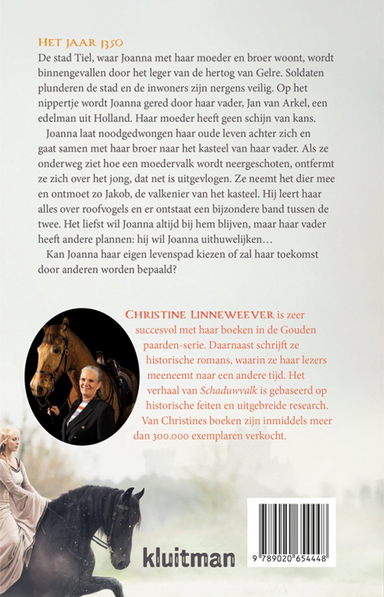 Boekomslag met tekst "Schaduwvalk" en auteur Christine Linneweever. Twee paarden en een vrouw met een bril.