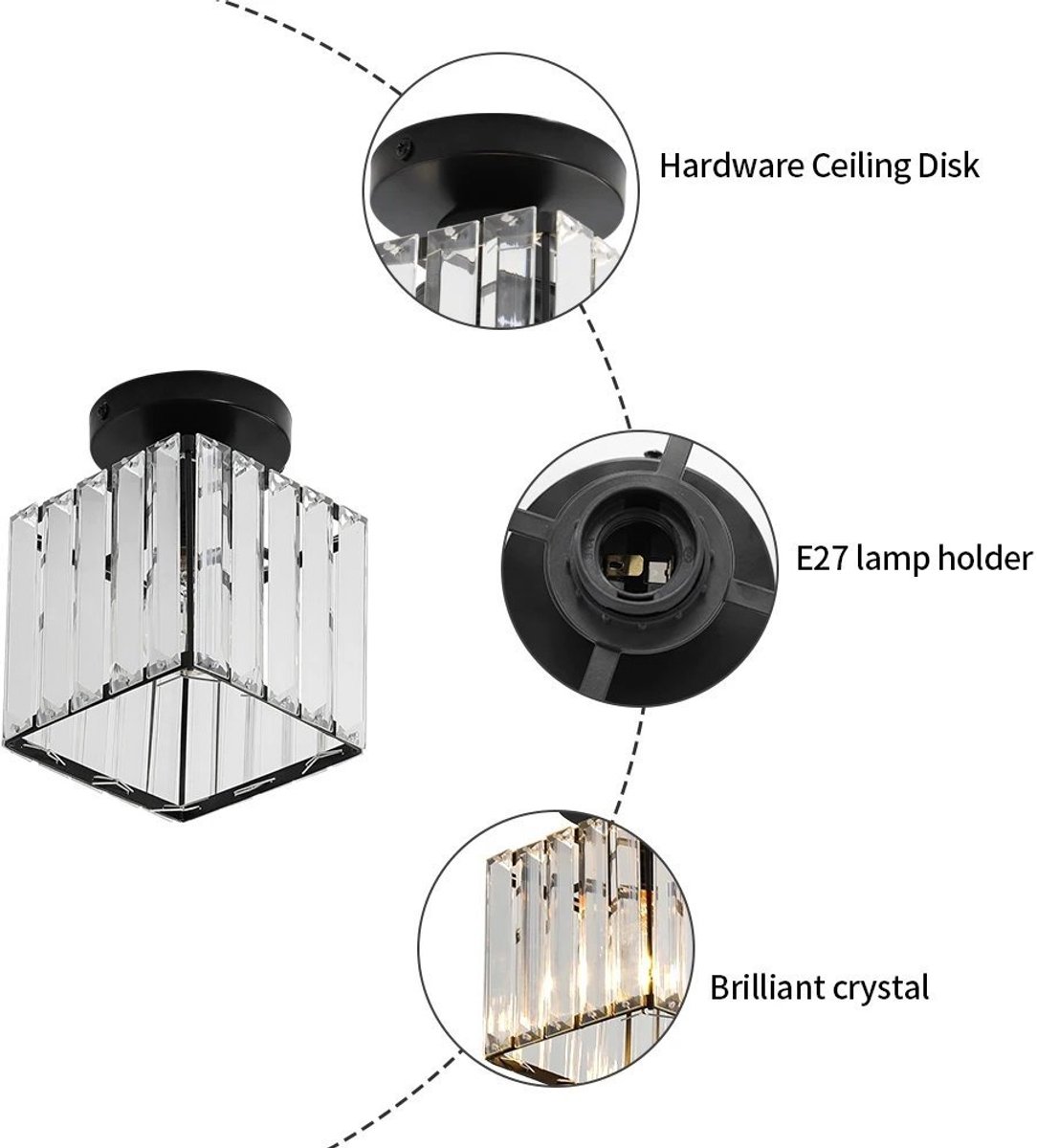 Vintage plafondlamp met E27 fitting - zwart met heldere glazen panelen - voor hal en slaapkamer