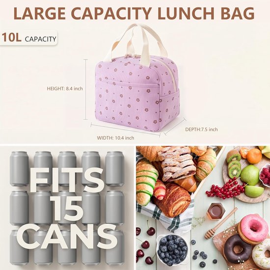 VHV Geïsoleerde Lunchtas Dames - Koeltas Lunchbag met Handvat - Paarse Bloemenprint - Voor Werk, School en Onderweg — afbeelding 5