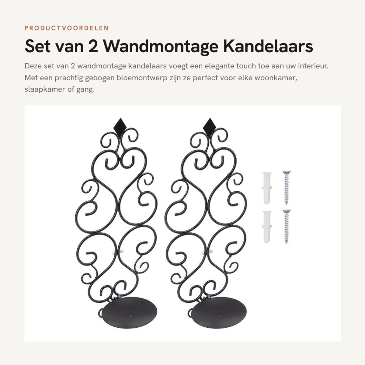 Dailygoods- Wandkandelaar Compact - Wandmontage - Klassiek Ontwerp - Zwarte Ijzeren Houder - Gebogen Bloem Motief - Elegant en Praktisch - Kaarsenhouder