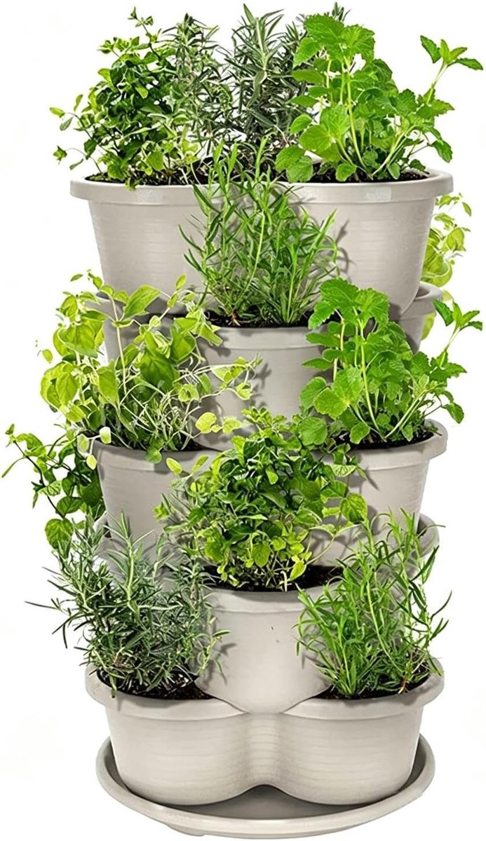 Stapelbare Plantenbakken - Verticale Tuin - Balkon Tuinieren - Met Wielen - 5 Niveaus - Lichtgrijs