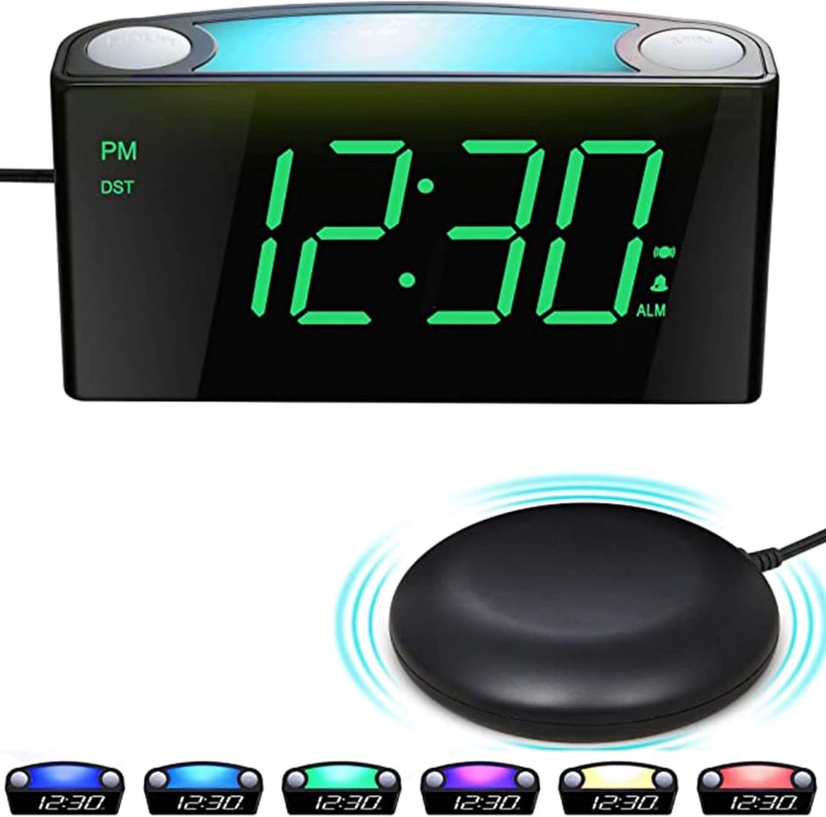 Wekker met Bedshaker - Digitale Klok - Luide Zoemer - 7 Kleuren Nachtlampje - Voor Zware Slapers