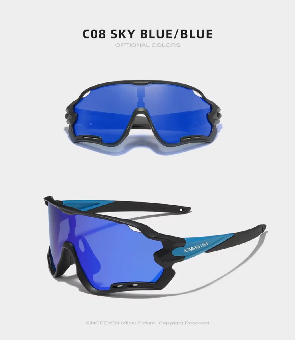 Kingseven Pro Wielren Zonnebril UV400 – Zwart Frame – Blauwe Spiegelglas – 911