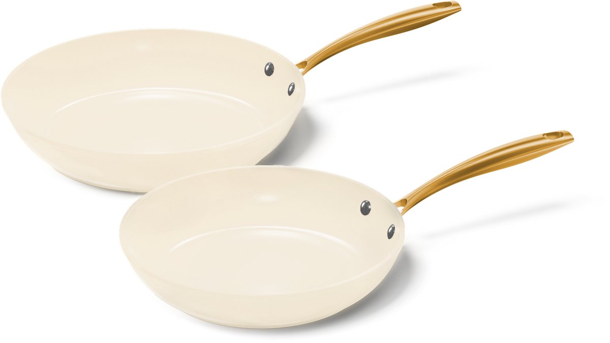 Cook & Pan 2-Delige Koekenpan Pannenset Vanilla Ø 24 & 28 cm Beige met Gouden Handgrepen - PFAS vrij - Alle Warmtebronnen - Koekenpannenset - Krasbestendige Anti Aanbaklaag - Vaatwasserbestendig - Gas, Inductie, Elektrisch, Oven - Koekenpan Set