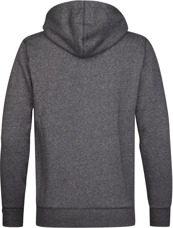 Donkergrijs gemêleerd vest met rits en capuchon, van achteren gezien.