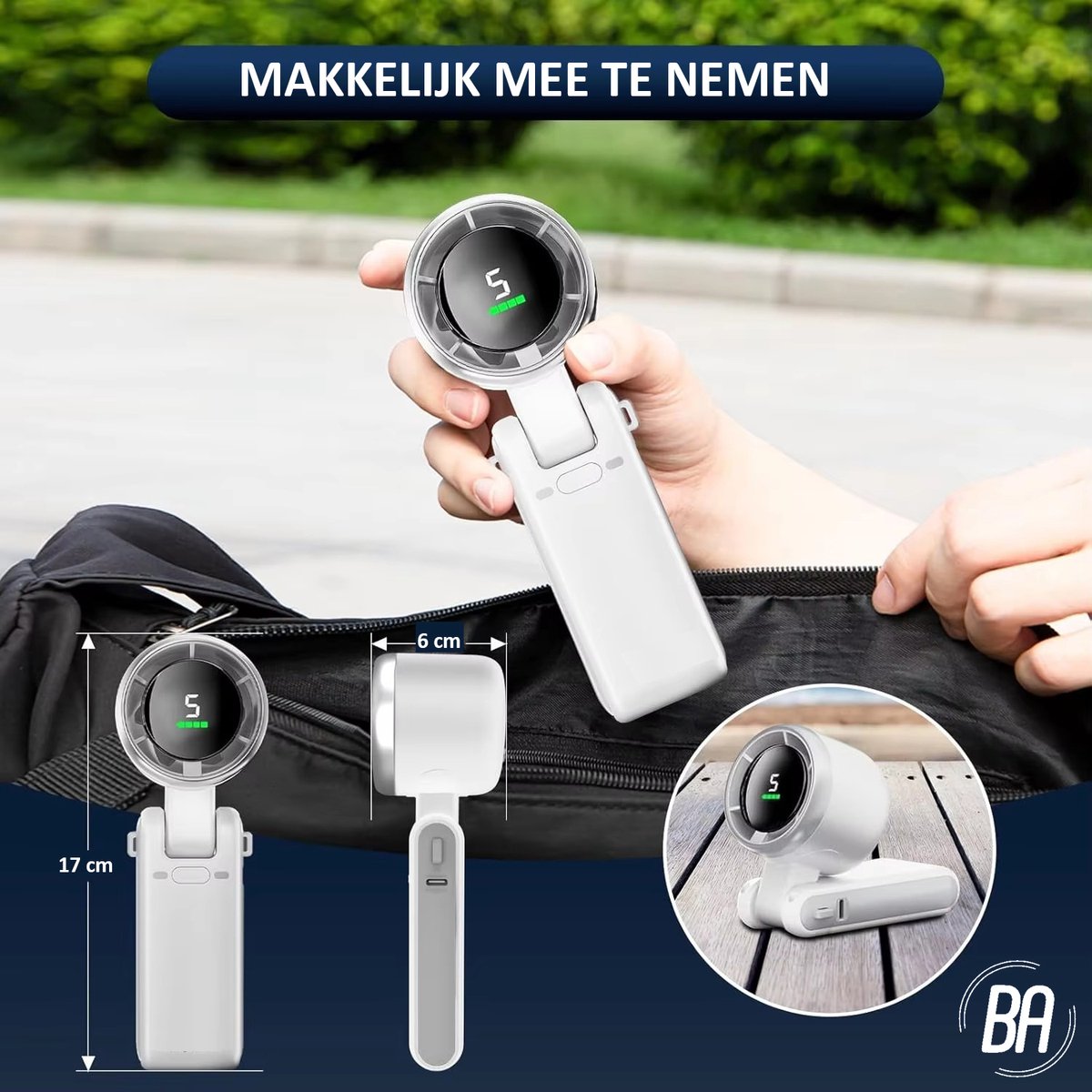 Best Active Mini Handventilator - Kleine Ventilator Oplaadbaar - Draagbare & Opvouwbare Ventilator met 5 Standen, Digitaal Display & 800 mAh Accu - Voor Thuis, Kantoor & Onderweg - Mintgroen — afbeelding 2