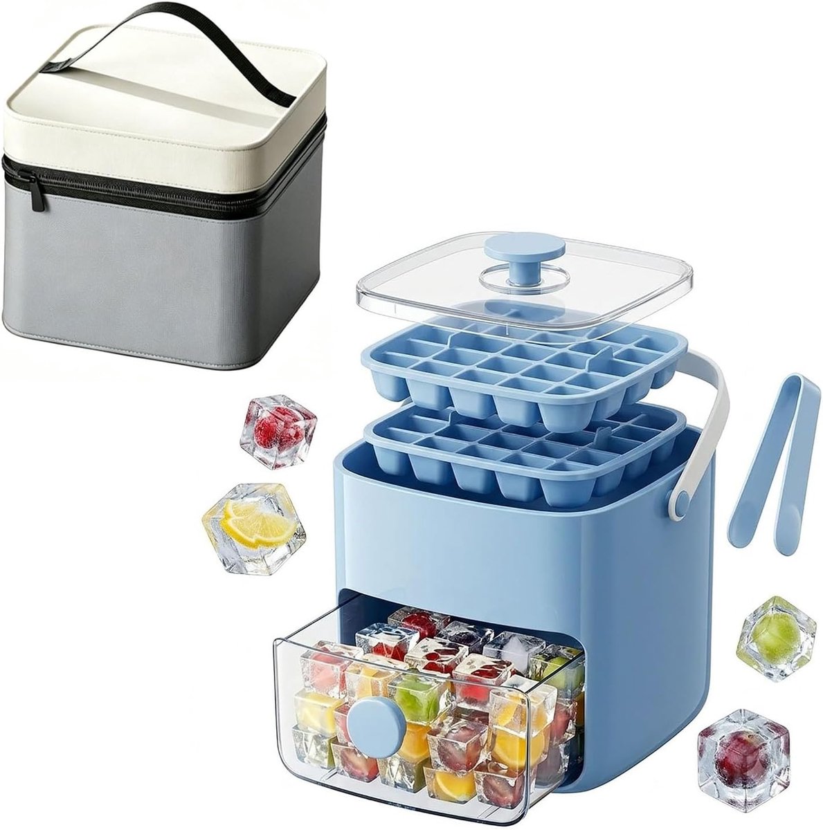 Ijsblokjesmaker Bak - Ijsvorm Set - Drankjes Koelen - Eén-druk Ontgrendeling - 48 Blokjes - Blauw