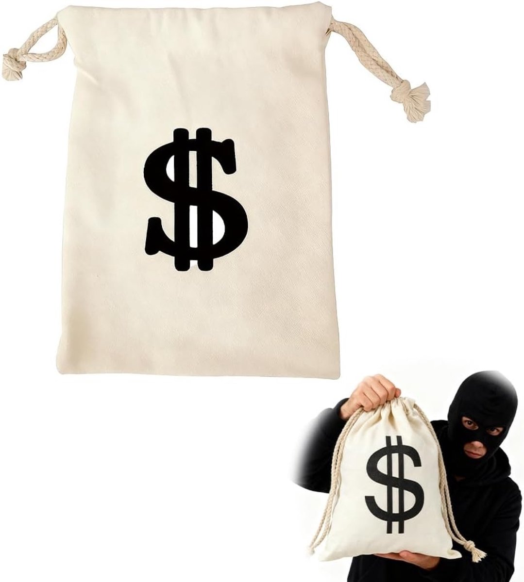 Robuuste tarpaulin tas met trekkoord voor bankoverval kostuumaccessoires, ideaal voor carnaval, Halloween en rollenspellen, lichtgewicht en herbruikbaar (30 x 40 cm)