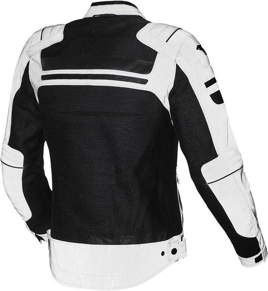Zwart-witte motorjas met mesh panelen op de rug en armen. Reflecterende streepdetails op de schouders en rug.