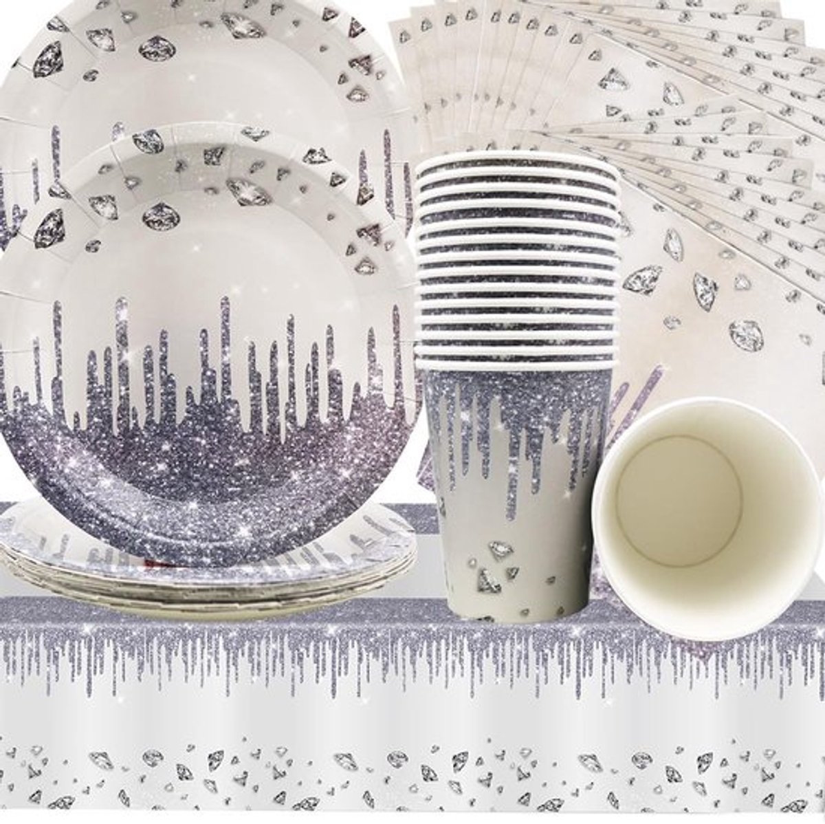 Dailygoods- Partyservies Zilver - Borden/Servetten/Bekers - 61 Stuks