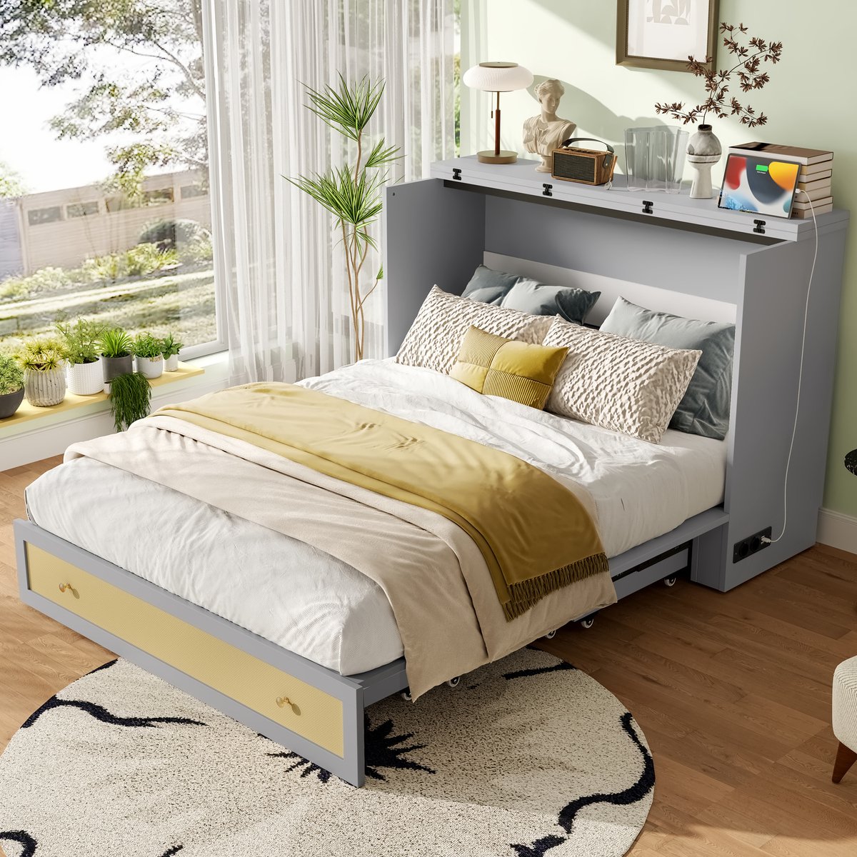 MEUNIQ Opklapbed 140x200 cm met bedlade, plank aan hoofdeinde, USB en stopcontact, ombouwbaar platformbed zonder matras voor slaapkamer, grijs
