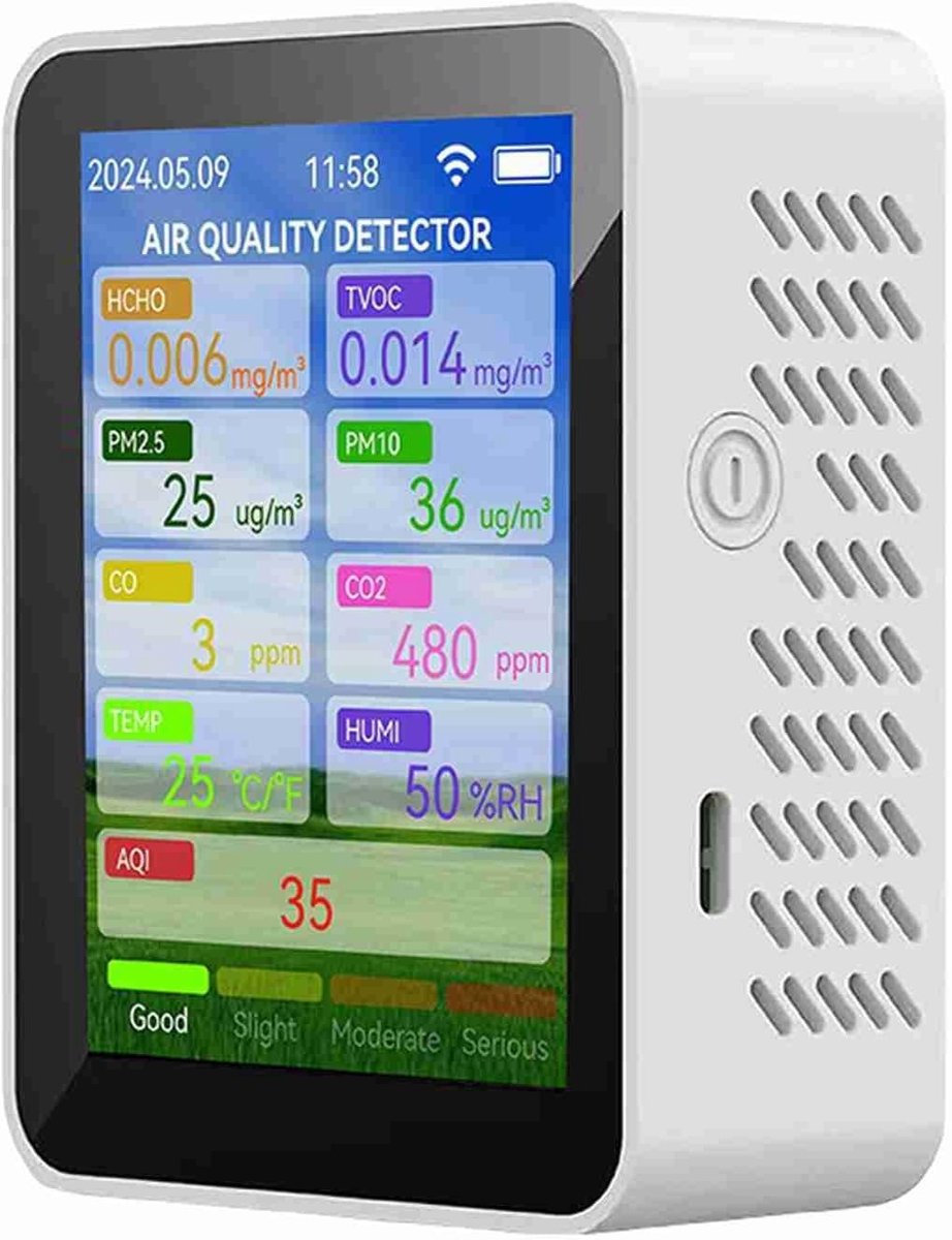 Luchtkwaliteit Monitor - Meetapparaat Sensor - Thuis Veiligheid - WiFi Connectiviteit - 100x100x10mm - Wit