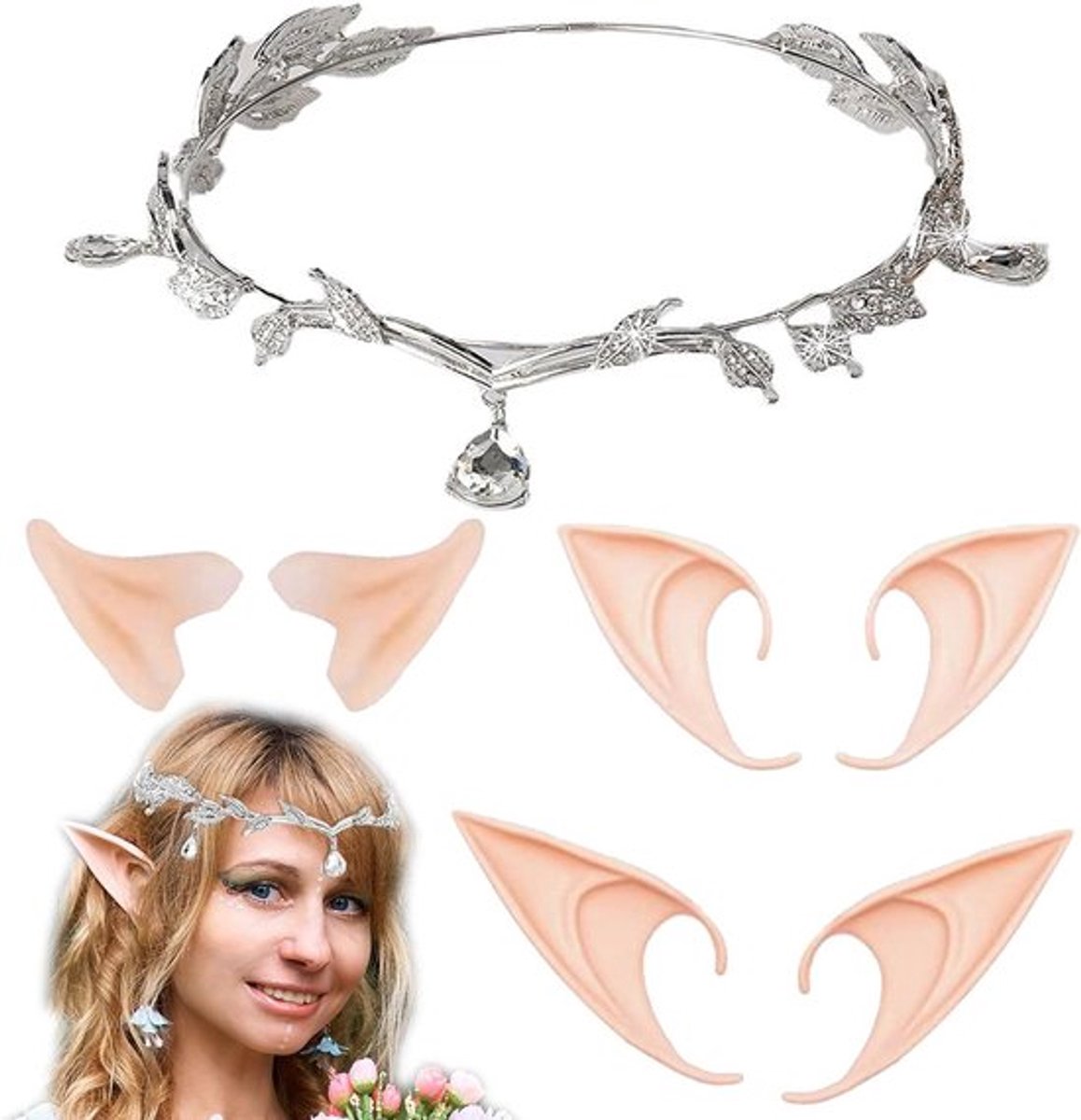 Spits-oren latex oren voor - 4 stuks tiara en elf oren set