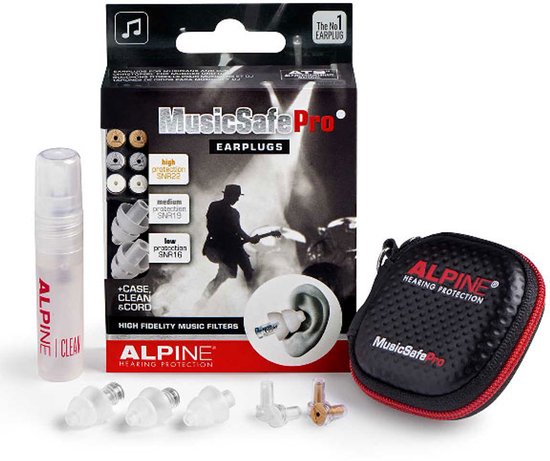 Alpine MusicSafe Pro set met verpakking, opbergdoosje, reinigingsspray en verschillende oordopjes en filters.