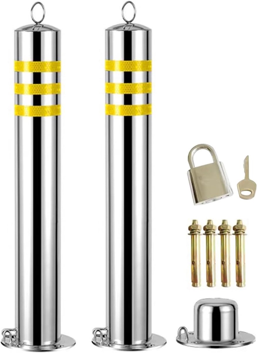 Parkeerbarrière Set - Veiligheidspaal Verkeer - Verkeersbeheersing Garages - Afneembaar Roestvrij Staal - 2 x 75cm - Geel