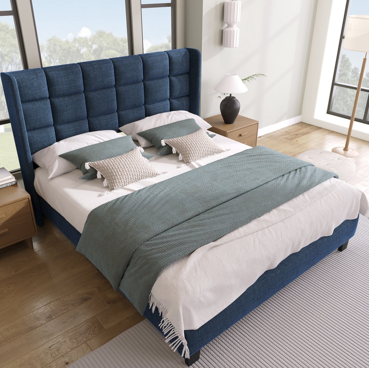 MEUNIQ gestoffeerd tweepersoons bed 140x200 cm met hoog hoofdbord en lattenbodem, bedframe voor slaapkamer, geschikt voor matras 140x200 cm, blauw