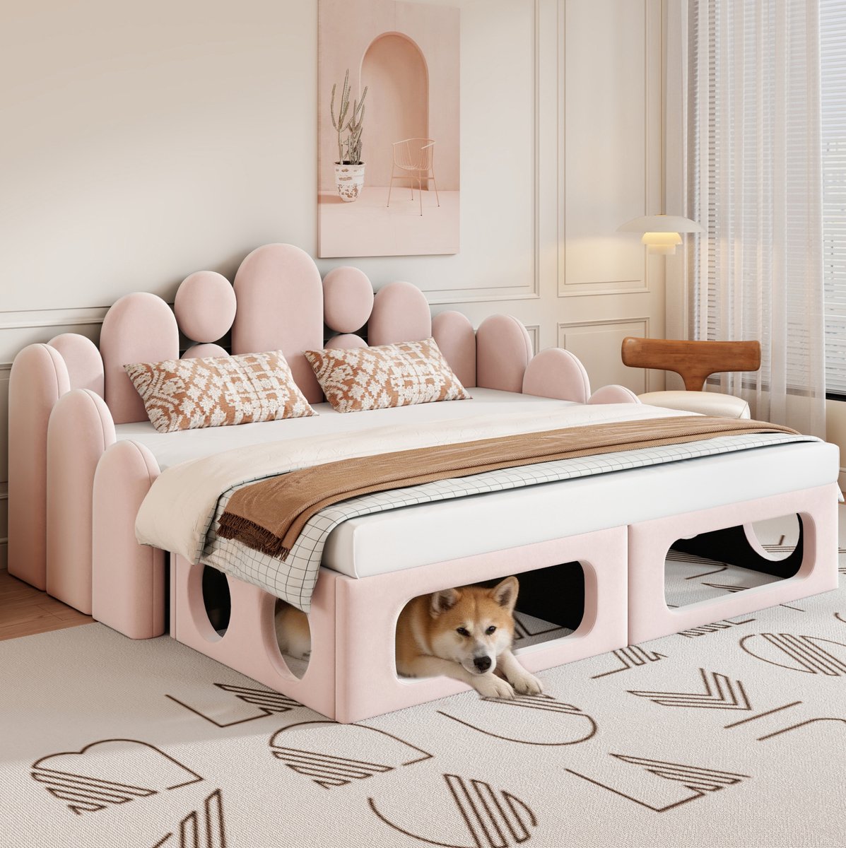 MEUNIQ slaapbank 180 x 200 cm met geïntegreerd huisdierbed, lattenbodem en rugleuning, gestoffeerde tweepersoons bedbank voor slaapkamer of woonkamer, roze
